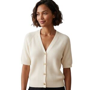 Jones New York Cream Short Sleeve Cardigan Sweater